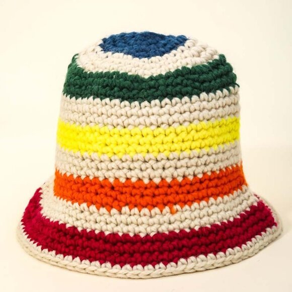 Rainbow Striped Crochet Knit Bucket Hat   Be - Picture 1 of 1